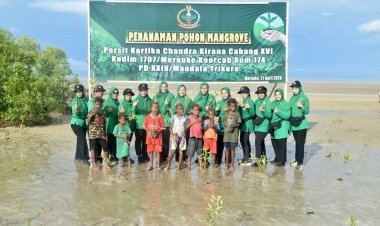 Peduli Kelestarian Lingkungan, Persit Kodim Merauke Tanam Ratusan Mangrove di Pantai Payum